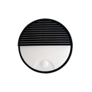 Round wall light fixture with black grille on a white background